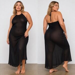 SKIMS Romance Chiffon Halter Silk Slip Dress Onyx 4X